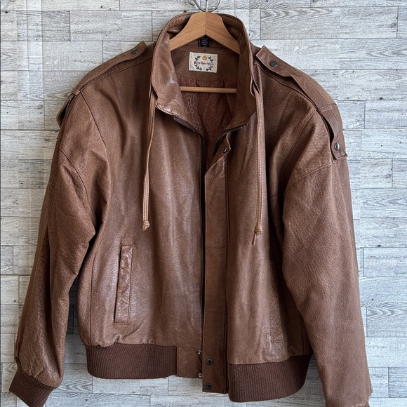 Vintage Leather Brown Bomber Coat Paris Sport Club Jacket Women’s Medium Y2k - Picture 1 of 10